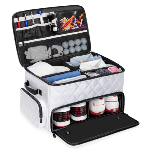 PGmoon 2 Layer Golf Trunk Organizer, Golf Car Storage Organizer with Individual Ventilated Compartment for 2 Pairs Shoes, Golf Car Locker for Balls, Clothes, Tees, Gloves, Accessories (White) - color: White