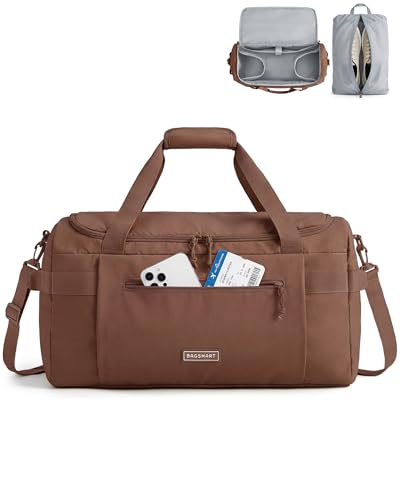 BAGSMART Travel Duffel Bags with Dividers, 32L Gym Duffle Bag with Laptop Compartment, Carry On Weekender Overnight Bag, Shoe Bag, PVC Wet Pocket, Dark Brown - color: Dark Brown