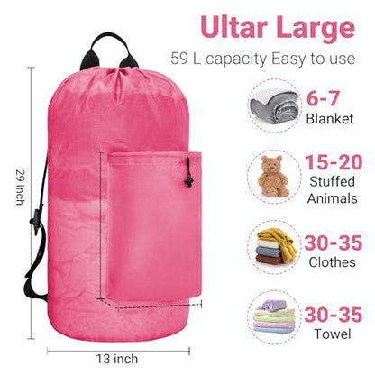 Laundry Bag Backpack Large Travel Laundry Bags with Shoulder Straps Durable Polyster Clothes Bag for College - color: Pink, size: Large