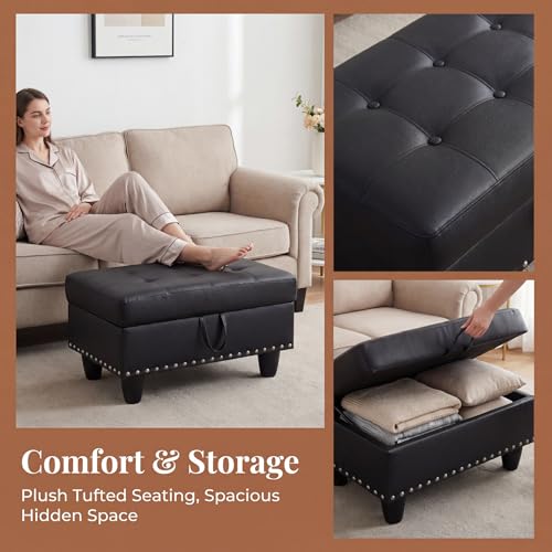 28.5 Inch Storage Ottoman Bench with Hidden Storage, PU Leather Upholstered Foot Rest Stool, Tufted End of Bed Bench for Bedroom Living Room, Easy to Clean, Black - color: Black