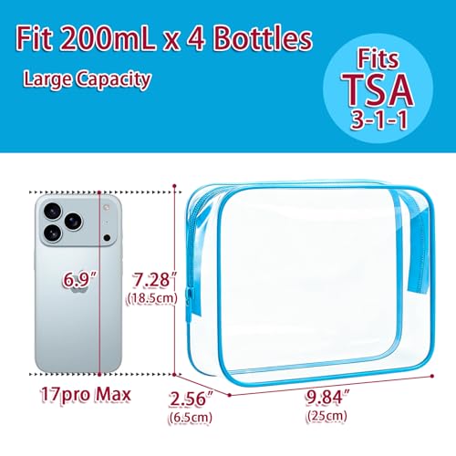 6 Pieces Large Clear Makeup Bags Bulk TSA Approved Toiletry Bag for Travel Transparent PVC Clear Cosmetic Pouch with Zipper, Waterproof Plastic Organizer Case for Carry-on Travel Essentials (Blue) - color: 6 Large Blue