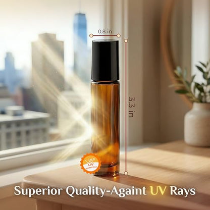 PrettyCare Set of 120, Bulk 10 ml Essential Oil Roller Bottles with Stainless Steel Roller Ball - Refillable Leak-proof Empty Thick Amber Glass Roll on Bottles with Black Caps for Travel, Perfume - color: Amber with Black Cap, size: 120 Pack