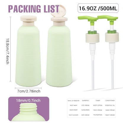 16.9oz Travel Shampoo Bottle with Flip Cap, Refillable Plastic Pump Bottles Dispenser for Soap, Shampoo, Lotions, Liquid Body Wash, Creams and Massage Oil (2Pack, 16.9oz/500ml) - size: 16.9 fl oz