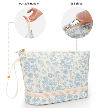 Ethereal Small Makeup Bag, 2 Layers Travel Make up Organizer Bag with Makeup Brush Holder, Portable Cosmetic Bag for Women/Girls, Blue Flower - color: 02-blue flower