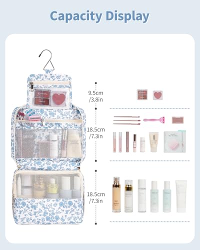 Narwey Small Hanging Travel Toiletry Bag for Women, Travel Bag for Toiletries, Makeup Bag Organizer Cosmetic Bags Make Up Bags for Girls - color: Y-Blue Flower