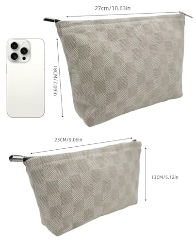 2-Pack Beige Checkered Makeup Bag Set - Large Capacity Cosmetic Organizer Pouch | Travel Toiletry Bag for Women Girls - color: C02-light coffee