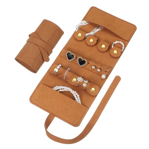 uxcell Travel Jewelry Bag Roll, Foldable Travel Organizer with Tie Close Microfiber Storage Roll for Earrings, Necklaces, Rings, Bracelets, Brooches, Valentine's Day Gifts, Brown - color: Brown
