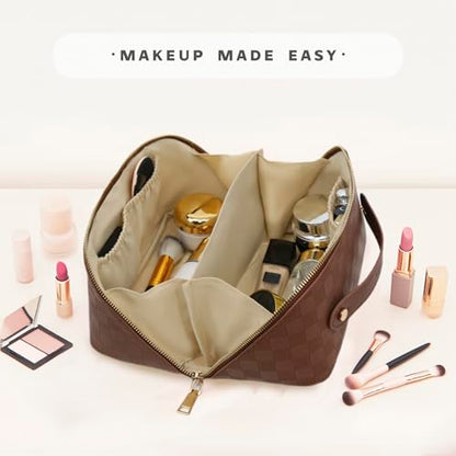 Travel Makeup Bag – Large Cosmetic Organizer with Waterproof PU Leather, Smooth Double Zipper & Tear-Resistant Lining, Toiletry Pouch for Women (Brown) - color: 02-Brown