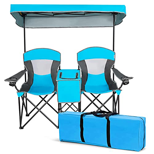 S AFSTAR Double Camping Chair w/Shade Canopy, 2-Person Folding Camp and Beach Chair with Mini Table Beverage Cup Holder Carrying Bag, Collapsible Camping Chairs for Garden Patio Pool Beach - color: Blue