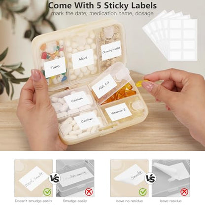FYY Weekly Pill Organizer with Labels,8 Compartments Travel Daily Pill Case Airtight Moistureproof Large Pill Box to Hold Vitamins, Fish Oil, Supplements,Cotton Swab and Bandages-Beige - color: Beige