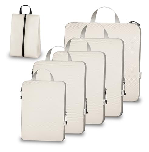Compression Packing Cubes for Travel, Set of 6 Expandable Luggage Organizers with Shoe Bag, Lightweight Water-Resistant Suitcase Essentials for Carry-on & Checked Luggage, Apricot - color: Apricot, size: Set of 6