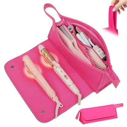 JKAOO Hair Tools Travel Bag and Heat Resistant Mat, 2 in 1 Portable Organizer Hair Travel Case for Curling Iron, Hair Straightener, Flat Irons, PU Hangable Handle, Neoprene (Vibrant RoseRed) - color: Vibrant Rosered
