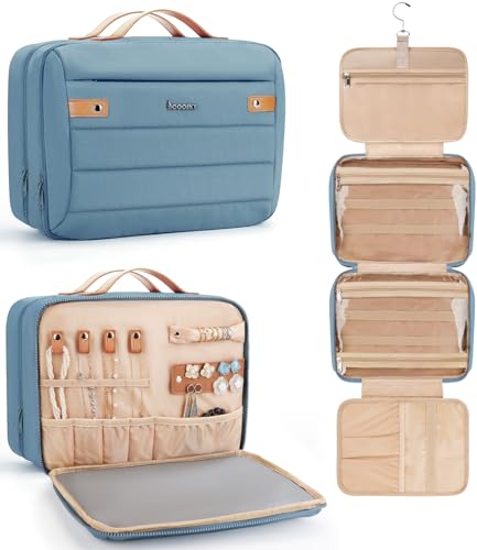 COOSKY Women's Hanging Toiletry Bag, Waterproof Travel Cosmetic Organizer with Jewelry Storage, Large Capacity Makeup Case for Full-Size Skincare & Bathroom Essentials, Portable Cosmetic kit, Blue - color: Blue