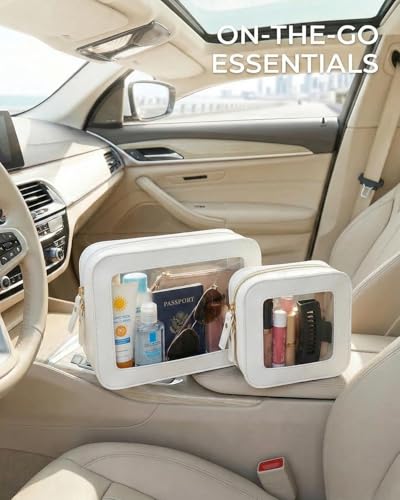 Sunscreen Bag Clear Makeup Bag Set Toiletry Pouch Waterproof PU Leather Portable Beach Bag Organizer Pouch with Transparent Window,Beach Vacation Essentials for Women(2Pack-Standard&Square, Beige) - color: Beige, style: 2pack-standard&square