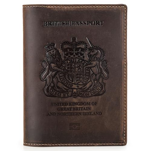 Top Grain Leather Single Travel Passport Wallet Embossing Badge for Unisex, Folio Design for Passport & Multi Cards, RFID Blocking for Passport/Cards/Checks/Bills/AirTag, Coffee Default, GB - color: 【GB】United Kingdom Cover-Default Coffee, size: Badge Emb