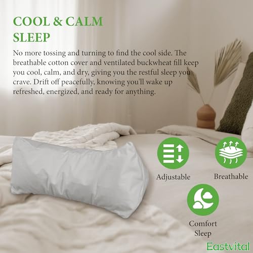 Small Neck Roll Buckwheat Pillow - 15 x 6’’ Cervical Neck Pillow for Lumbar, Knee & Backrest – Best Pillows for Side Sleepers & Travel with Adjustable Head & Breathable Zipper Cotton Case - 2.4 lbs
