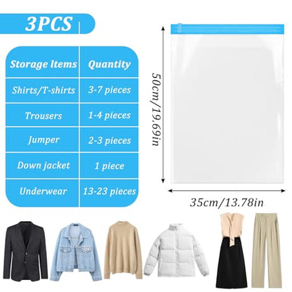 3PCS Compression Bags for Travel Essential, 50x35cm Space Saver Bags, Vacuum Storage Bag No Vacuum and Pump Needed for Clothing Storage, Cruise Accessories, Camping Luggage & Home Organizers