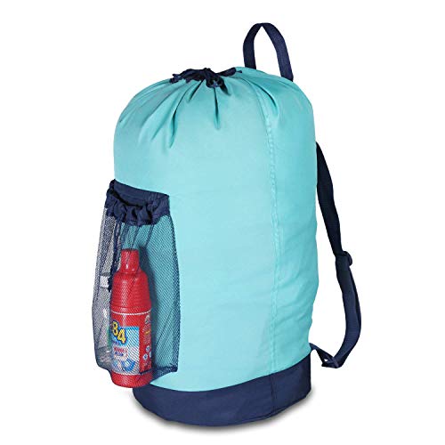 Dalykate Laundry Backpack with Shoulder Straps and Mesh Pocket Durable Nylon Clothes Hamper Bag with Drawstring Closure for College, Travel, Laundromat, Apartment - color: Blue