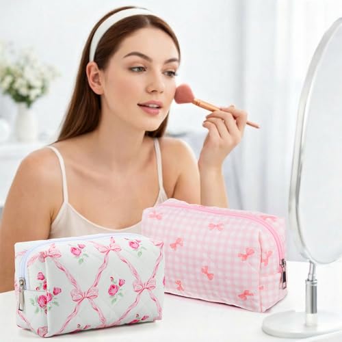 Paterr 20 Pcs Cotton Quilted Makeup Bag Bulk Coquette Cosmetics Bag Flower Aesthetic Essential Pouch Emergency Travel Toiletry Cotton Pouch Gifts for Women (Bow Floral) - style: Bow Floral
