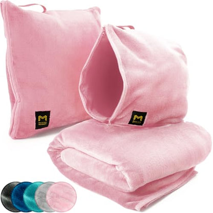 Travel Blanket Airplane Compact with Hoodie – 2in1 Airplane Travel Accessories from Plane Blanket to Travel Pillow with Luggage Strap, Soft Handle & Secure Pocket (Light Pink, 62x41'') - color: Light Pink, size: 62x41''