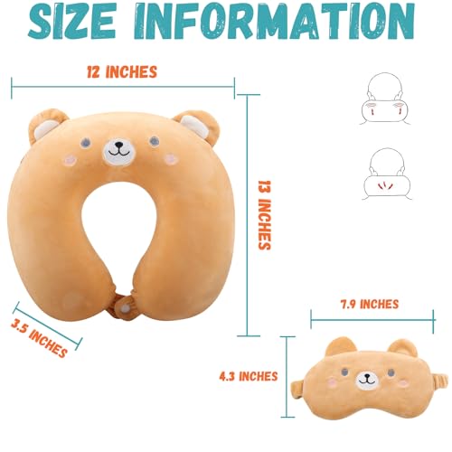 Kids Neck Pillow for Travel with Sleep Eye Mask, Cute Travel Neck Pillow, Memory Foam Flight Sleeping Headrest Pillow for Boys & Girls, Airplane, Train, Car, Home Use - Brown Bear - color: Brown Bear