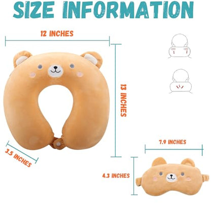 Kids Neck Pillow for Travel with Sleep Eye Mask, Cute Travel Neck Pillow, Memory Foam Flight Sleeping Headrest Pillow for Boys & Girls, Airplane, Train, Car, Home Use - Brown Bear - color: Brown Bear