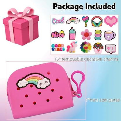 Soft Silicone Mini Coin Purse with Zipper and Cartoon Hole,with 15 pcs DIY Charms. Portable Keychain Pouch Organizer (Rose Pink) - color: Rose Pink