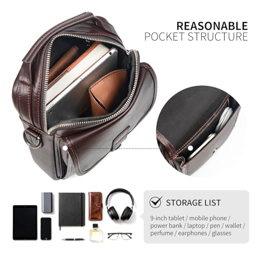 Augus Leather Small Messenger Bag For Men Crossbody Handbag Shoulder Sling Travel Bags for Men Purse Daypack Magnetic Buckle - color: Dark Brown