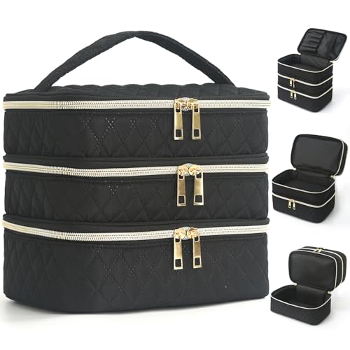 Travel Makeup Bag for Women Three Layer Large Cosmetic Case Water-resistant Toiletry Bag Organizer for Store Toiletries Cosmetic Accessories and Manicure Sets Black - color: Black