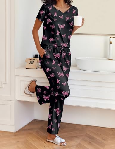 Ekouaer 2 Piece Womens Pajamas Short Sleeve Top and Long Pants Pjs Set Printed Sleepwear with Pocket - color: Black Butterfly, size: Large
