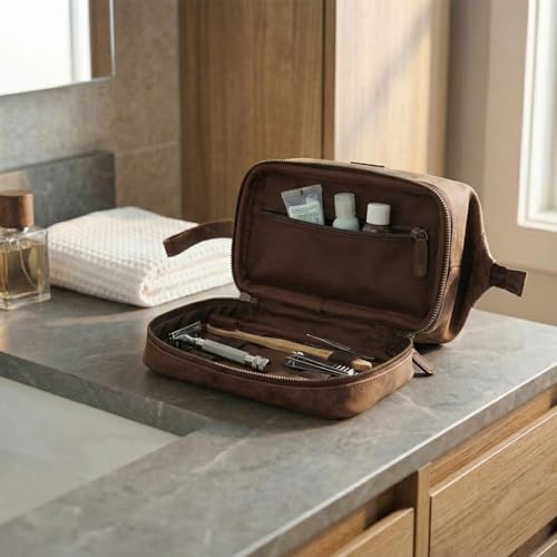 LEATHER VILLAGE Genuine Leather Dopp Kit – Large Travel Toiletry Bag with Waterproof Lining, Dual-Zip Design for Men & Women, Organizer for Shaving, Makeup & Essentials - Rustic Brown - color: Rustic Brown