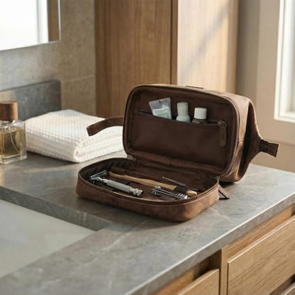 LEATHER VILLAGE Genuine Leather Dopp Kit – Large Travel Toiletry Bag with Waterproof Lining, Dual-Zip Design for Men & Women, Organizer for Shaving, Makeup & Essentials - Rustic Brown - color: Rustic Brown