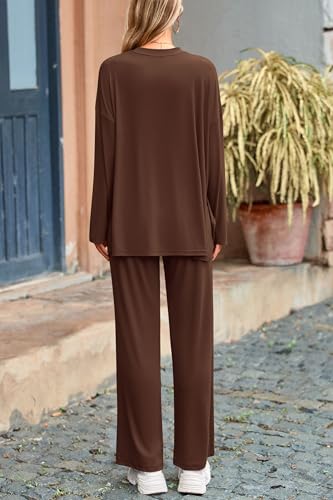 PRETTYGARDEN Women's Two Piece Lounge Sets Matching Long Sleeve Shirts Wide Leg Pants Tracksuits Travel Outfits Fall Clothes - color: Light Coffee, size: Large