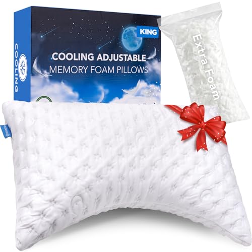 KUCEY Cooling Side Sleeper Pillow for Neck and Shoulder Pain, Luxury Shredded Memory Foam Curved Bed Pillows for Sleeping Set of 1- Adjustable King Size- Washable Cover Crescent White - color: Crescent White, size: King Size (1 pack)