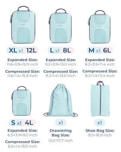 BAGSMART Compression Packing Cubes, 6 Set Packing Cubes for Suitcases, Lightweight Suitcases Organizers Bag Set & Compression Travel Cubes, Travel Essentials Packing Organizers - color: 06-Sky Blue