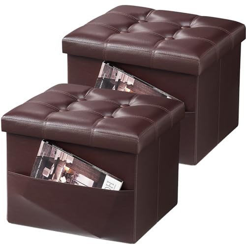 AmasSmile 2PC Storage Ottoman Folding Foot Rest Stool with Side Pocket, 16 inch Leather Footstool Bench, Short Ottoman Bench, Storage Foot Rest Store, Books, Brown - color: Brown 2 Pack, size: 16"*12"*12"with side pockets