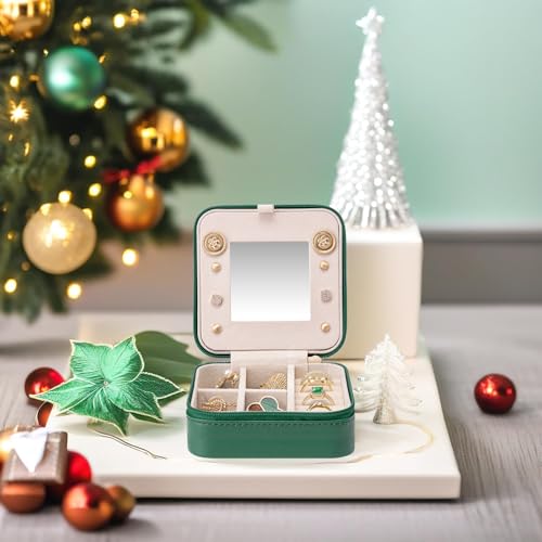 VLANDO Small Travel Jewelry Box Organizer - Mirrored Jewelries Necklaces Rings Earrings Necklace Storage Case, Dark Green - color: a. Dark Green