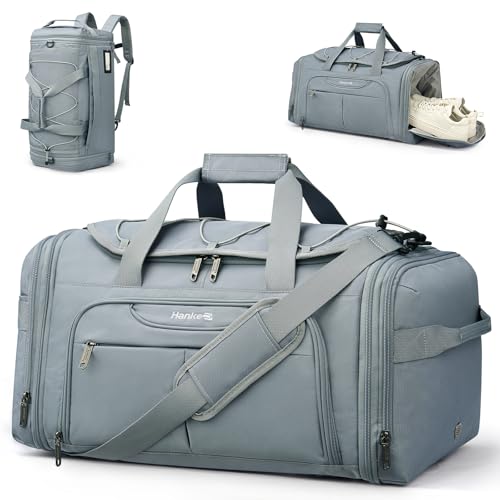 Hanke Expandable Carry On Luggage Bag,3 in 1 Duffle Bag for Travel,45L-55L Weekender Overnight Bag with 15.6" Compartment for Women & Men (Grey) - color: Grey