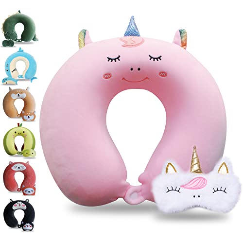 Sexysamba Cartoon Headrest & Neck Pillow for Kids Boys & Girls, Teens, Travel Accessories for Airplane, Car, Recline, Memory Foam Cute Travel Pillow with Sleep Eye Mask - Pink Unicorn - color: Pink Unicorn