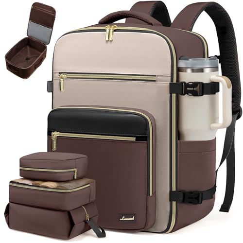LOVEVOOK Travel Backpack For Women,40L Carry On Backpack Flight Approved,TSA Personal Item Travel Bag Fits 17 Inch Laptop,Business Weekender Overnight Daypack with Toiletry Bag and Cubes - color: Coffee Color, size: 17.3 Inch-40L-4Pcs