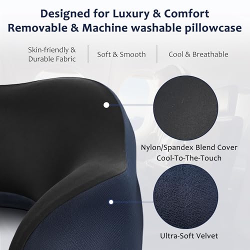 Travel Pillow, Memory Foam Neck Pillow for Airplane, Ergonomic Neck Support with Washable & Breathable Cover, Includes Eye Mask, Earplugs & Compact Bag for Long Flights, Cars, Home & Office