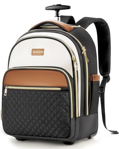 Arcoyard Small Rolling Backpack for Women, Lightweight Travel Backpack with Wheels, Roller Backpacks for Adults, Water Resistant Rolling Laptop Bag, Wheeled Underseat Carry On Luggage, Beige Brown - color: Black and Brown, size: 15-inch