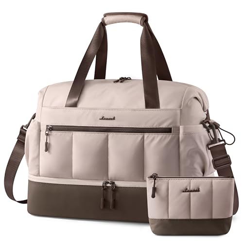 LOVEVOOK Travel Duffel Bag, Weekender Bags for Women, Large Overnight Bags with Shoe Compartment, 38L Carry on Gym Hospital Bag with Wet Pocket, 2 Pcs - color: Dusty Pink-Dark Brown, size: Large-2 Pcs