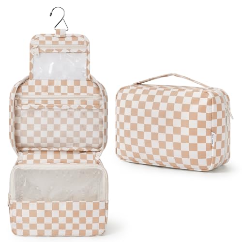 Narwey Small Hanging Travel Toiletry Bag for Women, Travel Bag for Toiletries, Makeup Bag Organizer Cosmetic Bags Make Up Bags for Girls - color: ZA-Brown Checkerboard