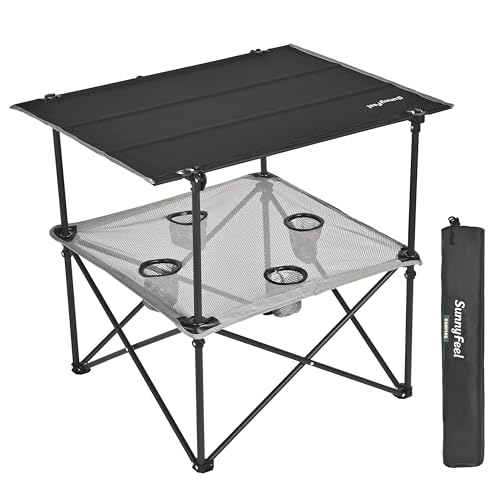 SUNNYFEEL Folding Camping Table- Collapsible Portable Beach Table with 4 Cup Holders & Carry Bags, Tailgate Table for Outdoor Excursion Picnic Hiking Fishing Travel Parties, Black
