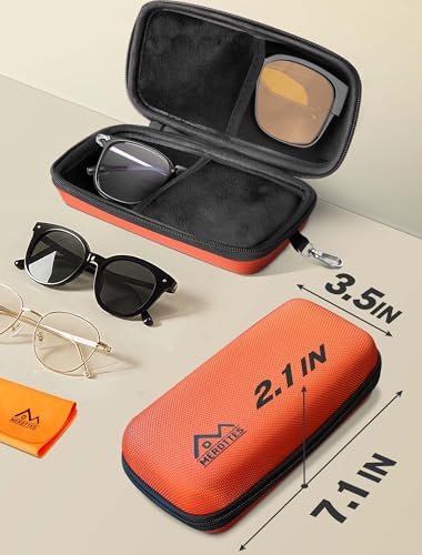 Double Glasses Case Hard Shell, Orange Dual Sunglasses Organizer with Zipper and Cleaning Cloth, Shockproof Travel Eyewear Storage Case for Car