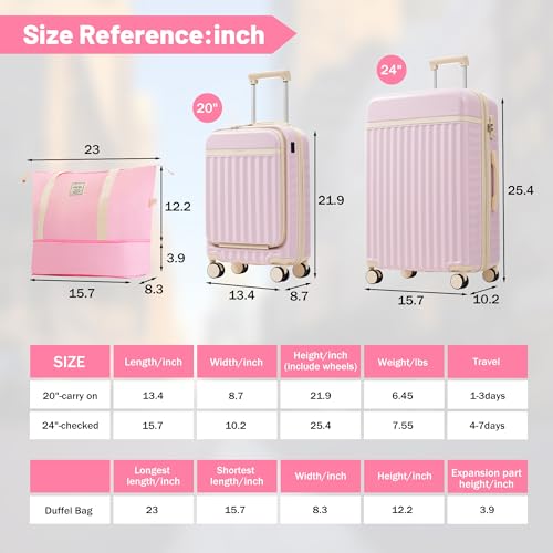 Merax Luggage Sets Front Opening, 2 Piece Hardshell Suitcase with Spinner Wheels and Bags,Lightweight Carry on Luggage with USB Port,20+24,Pink - color: Pink, size: 2 Piece(20+24+Bag）