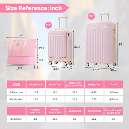 Merax Luggage Sets Front Opening, 2 Piece Hardshell Suitcase with Spinner Wheels and Bags,Lightweight Carry on Luggage with USB Port,20+24,Pink - color: Pink, size: 2 Piece(20+24+Bag）