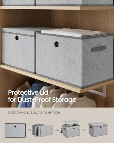 SONGMICS Large Storage Bins with Lids, 41 Quart Fabric Closet Organizer, 3 Pack Foldable Storage Boxes, 16.9"L x 11.8"W x 11.8"H, Dove Gray URFB545GD01