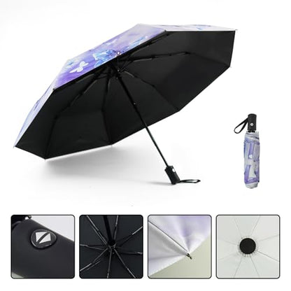 SY COMPACT Travel Umbrella - Windproof Automatic Compact Umbrella for Rain, Lightest 8-Rib, Small, Strong & Portable, Durable Grip, Fits Backpack & Car, Factory Direct (UV Available) - color: Purple Butterfly